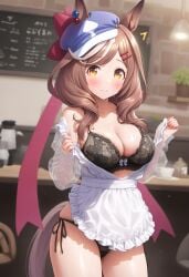 ai_generated animal_ears black_bra brown_hair cosplay female flat_cap hairclip horse_girl light_brown_hair maid_outfit matikane_tannhauser_(umamusume) umamusume umamusume_pretty_derby