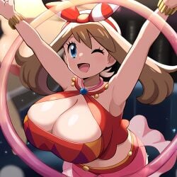 1girls ai_generated alternate_breast_size big_breasts blue_eyes breasts brown_hair cleavage female female_focus female_only game_freak huge_breasts large_breasts light-skinned_female light_skin may_(pokemon) may_(pokemon_oras) mayday_(artist) nintendo pokemon short_hair solo solo_female solo_focus thick_thighs tight_clothing