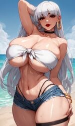 1girls ai_generated aluvid bandeau bangs beach black_eyeshadow black_thong bracelet choker deep_skin denim_shorts female front-tie_top hands_behind_head hoop_earrings huge_breasts long_hair massive_breasts narrow_waist original_character red_eyes red_lipstick seductive shiny_skin standing sweat thick_thighs thong white_hair