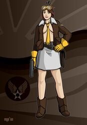 angry_birds beige_skin boots brown_hair color eyewear female female_only footwear front_view goggles green_eyes gum hair hand_on_hip human jacket looking_at_viewer mighty_eagle necktie open_clothes pistol rule_63 skirt solo standing