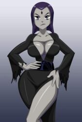 1girls addams_family alternate_breast_size artist_request breasts cleavage dc_comics female female_only morticia_addams_(cosplay) raven_(dc) solo source_request teen_titans