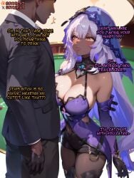 1boy ai_assisted ai_generated ass big_breasts black_swan_(honkai:_star_rail) cameltoe caption cleavage dark-skinned_male female honkai:_star_rail interracial leggings long_hair pantyhose pussy thighs