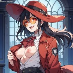 ai_generated alucard black_hair exposed_breasts genderswap_(mtf) hat hellsing looking_at_viewer mostly_clothed open-mouth_smile polverrati red_eyes sunglasses vampire_girl