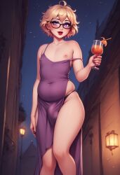 ai_generated bulge chubby civitai cocktail_dress femboy lipstick loose_strap makeup nipple_slip plump side_slit sustaco