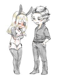 2boys bishonen black_legwear blonde_hair blush bunny_boy bunny_ears chibi crossed_arms embarrassed eye_patch femboy full_body gay heart_pasties kengan_(series) kengan_ashura long_hair long_hair_male male male_only male_playboy_bunny panties pasties ponya_(pixiv) reverse_bunnysuit standing thigh_boots thighhighs tokita_ohma twink yaoi yoshioka