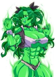 cleavage darling-sama green_eyes green_hair green_skin hulked_out marvel marvel_comics mole_on_breast muscular nicole_demara ripped_clothing she-hulk toned transformation zenless_zone_zero