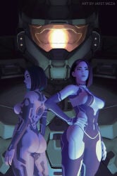 1boy 2girls armored_male big_ass big_breasts blue_body blue_skin cortana halo halo_(game) halo_(series) jafet_meza joyeuse the_weapon_(halo_infinite) voluptuous voluptuous_female