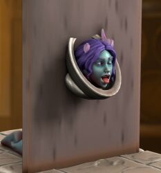 3d blue_body bondage cum_on_face cumdump dungeons_and_dragons female glory_wall head head_in_toilet hero_forge horns human_toilet human_urinal purple_hair stuck_in_wall succubus tiefling toilet urinal wall