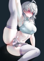 blush emikukis leg_grab looking_at_viewer no_panties perfect_body pussy red_eyes skirt thick_thighs thighhighs virtual_youtuber vtuber vtuberfanart white_body white_hair