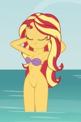 beach belly belly_button bottomless bra breasts closed_eyes disney equestria_girls hasbro my_little_pony nudity ocean partial_nudity pussy seashell seashell_bra sexy skinny_dipping sunset_shimmer the_little_mermaid vulva water