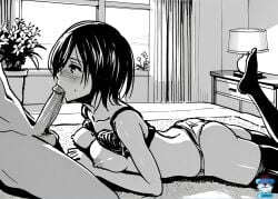 1boy ai ai_generated ass attack_on_titan blush bra bra_lift breasts fellatio female greyscale lying manga manga_style medium_breasts mikasa_ackerman monochrome nipples on_stomach oral panties patreon patreon_username penis pony_diffusion_xl rule34_diffusion(artist) shingeki_no_kyojin short_hair solo_focus stable_diffusion straight thighhighs uncensored underwear underwear_only watermark