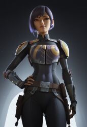 ai_generated armor belt bodystocking bodysuit colored duchess_eugene hand_on_hip low-angle_view mandalorian purple_eyes purple_hair sabine_wren short_hair stable_diffusion star_wars star_wars_rebels tagme