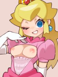 blonde_hair blue_eyes breasts breasts_out dress exposed_breasts nintendo princess_peach super_mario_bros. sweelan winking_at_viewer