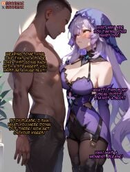 1boy ai_assisted ai_generated big_breasts black_swan_(honkai:_star_rail) cameltoe caption cleavage dark-skinned_male female honkai:_star_rail interracial leggings long_hair pantyhose pussy thighs