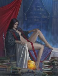 bare_legs bare_thighs barefoot belly_button black_hair breasts darttbronnn elden_ring feet leg_up legs_apart long_hair long_sleeves milf nude nude_female open_shirt rennala_queen_of_the_full_moon side_view sitting thick_thighs