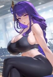 1girls ai_generated bangs bare_shoulders black_bra black_clothes black_legwear black_pants black_sports_bra black_underwear blush bra braid braided_ponytail breasts censored cleavage clothing crossed_legs curvaceous curvaceous_female curvaceous_figure curvy curvy_figure female female_focus genshin_impact gym gym_clothes hair_ornament hydrolis999 indoors inviting inviting_to_sex large_breasts legwear long_hair looking_at_viewer mole mole_under_eye mosaic_censoring open_mouth pants parted_lips ponytail presenting presenting_breasts presenting_hindquarters purple_eyes purple_hair raiden_shogun seductive seductive_look seductive_smile sideboob sitting solo sports_bra sportswear sweat thighs tied_hair underwear voluptuous voluptuous_female yoga_pants