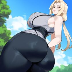 ai_generated ass ass_bigger_than_head ass_focus big_ass big_butt black_pants blonde_hair brown_eyes bubble_ass bubble_butt creamy_ai curvy dat_ass fat_ass forehead_mark from_behind from_below grey_kimono huge_ass huge_breasts japanese_clothes kimono large_ass mature_female narrow_waist naruto naruto_(series) naruto_shippuden round_ass round_butt sash thick_ass thick_thighs tsunade wide_hips