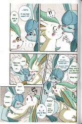 blue_eyes blush brown_eyes comic doujinshi eeveelution female flat_chested glaceon kemono kissing leafeon licking male mikazuki_karasu nintendo nipples pokemon pokemon_(species) sex translated video_games