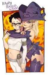 2girls black_eyes black_hair black_lipstick blonde_hair blue_eyes female female_only halloween halloween_costume happy_halloween hi_res hugging_from_behind kiss_mark kiss_mark_on_face long_hair looking_at_viewer miranda_(norasuko) norasuko original robbie_(norasuko) smiling smiling_at_viewer witch_costume witch_hat