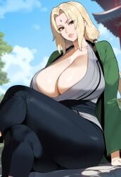 1girls ai_generated black_pants blonde_hair breasts_bigger_than_head brown_eyes cleavage creamy_ai crossed_legs curvy forehead_mark green_kimono grey_kimono huge_breasts japanese_clothes kimono mature_female narrow_waist naruto naruto_(series) naruto_shippuden sash sitting solo thiccwithaq_(ai_style) thick_thighs tsunade wide_hips