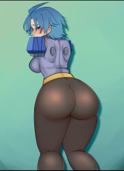 100_percent_orange_juice 1girl absurdres ahoge amputee ass ass_focus back blue_eyes blue_hair blush breasts brown_pantyhose curvy embarrassed female from_behind highres huge_ass jacket legs looking_back nath_(orange_juice) orange_juice_(company) pantyhose purple_jacket short_hair shoulder_blades skin_tight solo standing suguri_(series) takoyan_(takoyaart) thick_thighs thighs