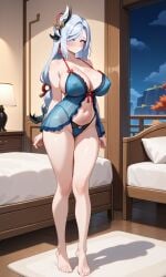 ai_generated babydoll bedroom blue_eyes blue_hair feet genshin_impact hentaihero27 light-skinned_female night nude nude_female ponytail shenhe_(genshin_impact) shy thong toes underwear_only