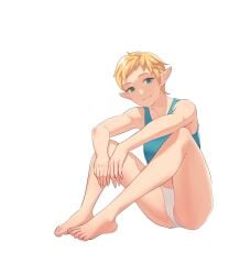 1girls absurdres alternate_hairstyle bare_arms bare_legs barefoot breasts female female_only green_eyes highres legs looking_at_viewer nintendo panties partially_visible_vulva pixie_cut pointy_ears pomelomelon princess_zelda short_hair sitting small_breasts smile solo tank_top tears_of_the_kingdom the_legend_of_zelda the_legend_of_zelda:_tears_of_the_kingdom underwear white_background white_panties zelda_(tears_of_the_kingdom)