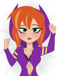 1girls barbara_gordon bedroom_eyes blush bra cleavage dc dc_comics dc_super_hero_girls female female_focus ginger green_eyes hoodie imminent_sex light-skinned_female looking_at_viewer on_bed oracle_(artist) orange_hair pov seductive undressing