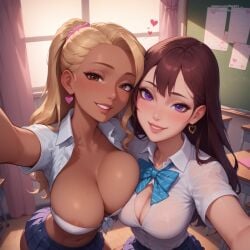 2girls ai_generated brown_eyes dark-skinned_female gyaru huge_breasts pasart purple_eyes selfie yuri