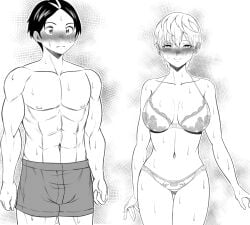 1boy1girl abs blush bra imminent_sex izumo_tenka large_breasts mato_seihei_no_slave muscular_male ps_waller short_hair six_pack underwear wakura_yuuki