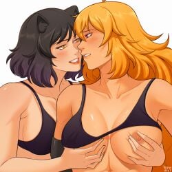 2024 2girls ahoge alternate_version_available animal_ears big_breasts black_hair blake_belladonna blonde_hair blush blush bob_cut bra bra_lift bra_only breasts canon_couple cat_ears catgirl color digital_drawing_(artwork) faunus female female_focus female_only flustered grabbing_breasts grabbing_from_behind kemonomimi light-skinned_female long_hair looking_at_another looking_at_partner needy nipples prosthetic prosthetic_arm purple_eyes purple_hair rwby sapphic short_hair simple_background smile sweatdrop tagme undressing undressing_another undressing_partner yang_xiao_long yellow_eyes yellow_nicky_(artist) yuri yuri