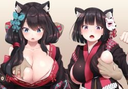 1boy 2girls ambiguous_gender azur_lane black_hair blue_eyes breast_grab breasts_out cat_ears cat_girl fangs female_focus fondling fusou_(azur_lane) kimono_pull large_ass light-skinned_female light-skinned_male light_skin long_hair mask_on_head nipple_slip oekakizuki pink_eyes sakura_empire_(azur_lane) surprised yamashiro_(azur_lane)