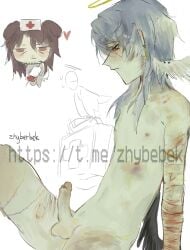 abuse abused abused_male angel bruise bruised bruises colored_sketch dick erection gore grey_hair honkai:_star_rail implied_self_harm male_ryona naked naked_male nude nude_male sketch sunday_(honkai:_star_rail) watermark yellow_eyes