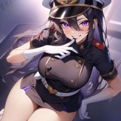 ai_generated big_breasts curvy isabel_the_military looking_at_viewer military_uniform oc original_character purple_eyes purple_hair skirt smiling_at_viewer thick_thighs