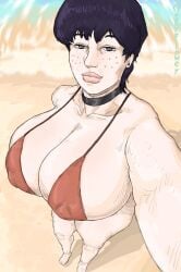 alternate_version_available beach big_breasts bikini bikini_top dark_eyes dark_hair freckles freckles_on_face huge_breasts huge_thighs komi-san_wa_komyushou_desu komi_can't_communicate komi_shuuko looking_at_viewer looking_up mature_female mature_woman necklace nipple_bulge sand self_upload selfie selfie_pose short_hair smirk snapchat soyflowey suggestive suggestive_look suggestive_posing thighs wide_hips