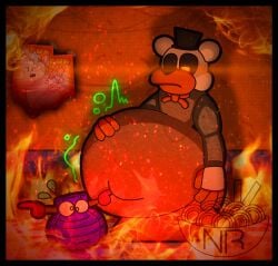 _nomminramen belly belly_bulge belly_overhand fire five_nights_at_freddy's glowing_eye lighting molten_freddy soft_vore undernom vore