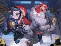 2025 2_horns abs accessory ahe_gao alvintanubis anal anal_sex ankleband anthro anthro_on_anthro anthro_penetrated anthro_penetrating anthro_penetrating_anthro arm_markings arm_scar biceps big_grin black_claws blue_body blue_scales bodily_fluids caution_stripes cheek_scar chest_markings claws closed_eyes clothing cum cum_in_ass cum_inside cum_while_penetrated deltoids dragon dummy duo dylan_(alvintanubis) eye_roll eye_scar facial_scar facial_spikes fin fin_scar finger_claws fingerless_gloves fish forearm_muscles furgonomics genital_fluids genitals gills gloves golden_markings grey_clothing grey_gloves grey_handwear grey_skinsuit grin hand_on_butt handwear harness head_spines hi_res holding_tail horn inside interspecies larger_anthro larger_male larger_penetrated legband looking_pleasured male male/male male_penetrated male_penetrating male_penetrating_male marine markings mostly_nude multicolored_body multicolored_scales muscular muscular_anthro muscular_male mythological_creature mythological_scalie mythology nipple_piercing nipple_ring nipples open_mouth pecs penetration penis piercing red_body red_eyes red_scales ring_piercing scales scalie scar sex shark shoulder_markings shoulder_scar size_difference skinsuit smaller_anthro smaller_male smile spikes spikes_(anatomy) superhero superhero_costume tail tail_accessory tail_scar tailband tan_body tan_scales tight_clothing toe_claws tongue tongue_out two_tone_body two_tone_scales warehouse white_body white_scales yibian_sz