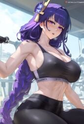 1girls ai_generated bangs bare_shoulders black_bra black_pants black_sports_bra blush bra braid braided_ponytail breasts censored cleavage clothing curvaceous curvaceous_female curvaceous_figure curvy curvy_figure female female_focus genshin_impact gym gym_clothes gym_uniform hair_ornament high-waist_pants hydrolis999 indoors inviting inviting_to_sex large_breasts long_hair looking_at_viewer midriff mole mole_under_eye mosaic_censoring navel open_mouth pants ponytail presenting presenting_breasts presenting_hindquarters purple_eyes purple_hair raiden_shogun seductive seductive_look seductive_smile sideboob single_braid sitting solo sports_bra sportswear sweat thighs tied_hair underwear very_long_hair voluptuous voluptuous_female yoga_pants