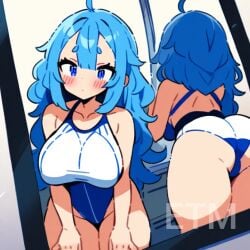 ai ai_generated blue_eyes blue_hair blush large_ass large_breasts phone phone_screen tight_clothing tight_fit