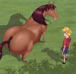 2d 2d_(artwork) big_ass big_butt big_thighs brown_skin crotch digital_media_(artwork) equid equine_pussy erection_under_clothes feral grass hard_penis highres horny_male horse horse_girl huge_ass interspecies light-skinned_male lipstick male_human/female_feral mare mare_pussy mating_season nikuyoku non-web_source original original_artwork outdoors seductive_look standing thick_ass zoophilia