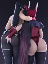 2girls 3d ass_grab back_view big_ass female female_only huge_ass irelia_xan league_of_legends popogori revealing_clothes skimpy standing xayah