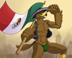 2024 accipitrid accipitriform anthro athletic avian beak bird brown_body bulge clothed clothing dia_de_la_independencia_de_mexico eagle eaglerick genitals hat headgear headwear holidays male male_only mexican_flag mexico muscular muscular_male nipple_fetish nipples partially_clothed penis_under_clothes rick_volnutt solo thong underwear