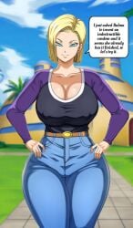 android_18 big_ass big_breasts big_hips blonde_hair caption dragon_ball dragon_ball_super dragon_ball_z edit large_ass large_breasts pinkpawg wide_hips