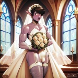 ai_generated balls big_ass dark_hair devil_hs_(copied_style) drow elf elf_femboy elf_male fantasy femboy fishnets flower_in_hair girly golden_eyes male nil_elanar(oc) noctzurn piercing pointy_ears purple_skin scar tights wedding_dress