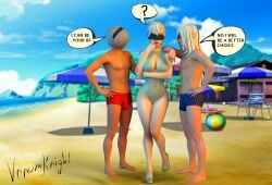 1girls 2boys 3d balls balls_under_clothes beach big_breasts blindfold breasts bulge female genderswap genderswap_(ftm) genderswap_(mtf) hairband light-skinned_female light-skinned_male light_skin male male_2b nier nier:_automata penis penis_under_clothes rule_63 standing venomkniight white_hair yorha_2b yorha_9s yorha_a2