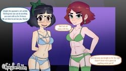 2girls bikini black_hair comic dancing dialogue female female_only glasses_yanagi_(spicybarmaiden) junia_merric_(spicybarmaiden) original original_character red_hair spicybarmaiden