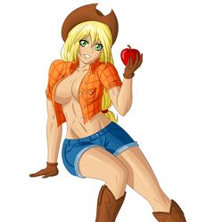 apple applejack_(mlp) blonde_hair boots breasts brown_gloves cleavage clenched_teeth cow_girl cowboy_hat cowgirl farmgirl female food freckles friendship_is_magic gloves green_eyes hat human humanization humanized long_hair looking_at_viewer low-tied_long_hair my_little_pony navel open_clothes open_shirt personification plaid plaid_shirt shorts simple_background smile smooth_skin solo white_background zantyarz