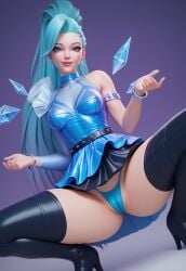 3d ai_generated big_ass blue_eyes blue_hair enji3d from_behind from_below k/da_all_out_seraphine k/da_all_out_series league_of_legends long_hair long_legs seraphine_(league_of_legends) skirt thighhighs thong upskirt