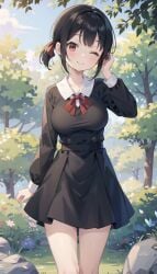 1girls ;) ai_generated arm_at_side bangs black_dress black_hair blue_sky blush bow bowtie breasts bush buttons closed_mouth cloud collarbone collared_dress collared_shirt cowboy_shot day double-breasted dress feet_out_of_frame flower grass hair_ribbon hand_up kaguya-sama_wa_kokurasetai_~tensai-tachi_no_renai_zunousen~ large_breasts long_sleeves looking_at_viewer medium_breasts natsuyoru nature neck_ribbon one_eye_closed outdoors pleated_dress red_bow red_bowtie red_eyes red_ribbon ribbon rock school_uniform shinomiya_kaguya shirt short_hair short_ponytail short_twintails shuuchiin_academy_school_uniform side_ponytail sidelocks sky smile solo standing thighs tree twintails white_collar