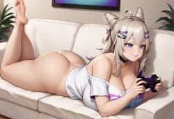 aa-12_(girls'_frontline) ahoge ai_generated alternate_breast_size ass bangs bare_shoulders barefoot black_choker blue_eyes blush bottomless breasts choker collarbone controller couch crossed_ankles double_bun eyebrows_visible_through_hair feet feet_up female game_controller gigantic_breasts girls'_frontline grin hair_ornament hairclip houtengeki_(style) huge_ass indoors laying_on_couch legs_up long_hair lying lying_on_couch naked_shirt off_shoulder on_couch on_stomach playing_games self_upload shirt silver_hair smile soles solo t-shirt the_pose white_shirt